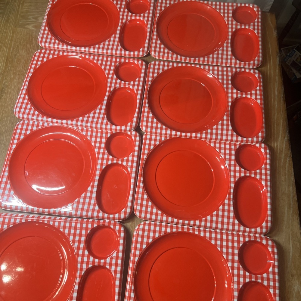 Vintage Retro Red & White gingham‎ Picnic Hard Plastic Trays Set Of 8